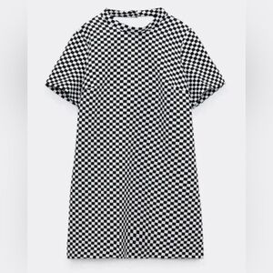 Zara short checkered checker print dress black and white mod retro style XL